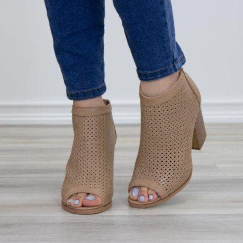 Taupe Perforated Heeled Open Toe Ankle Boots - Picture 4 of 9
